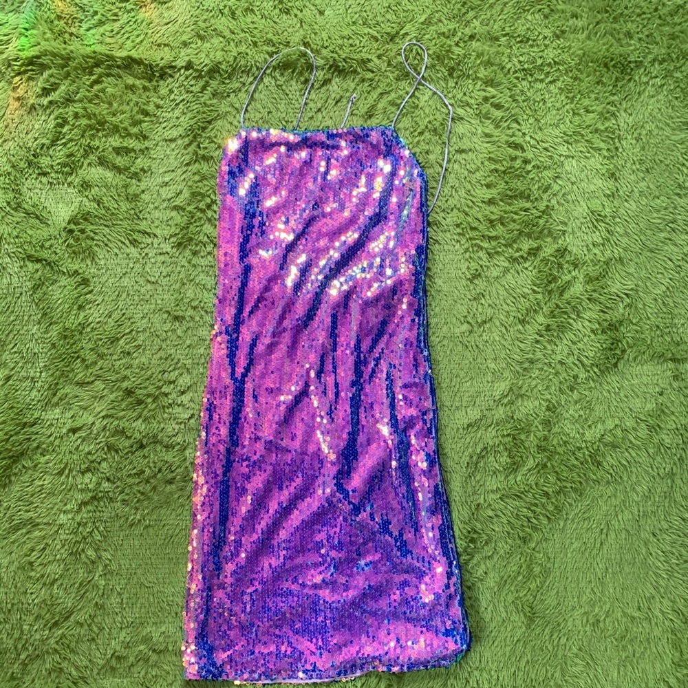Sparkly mermaid iridescent lace up back mini dress